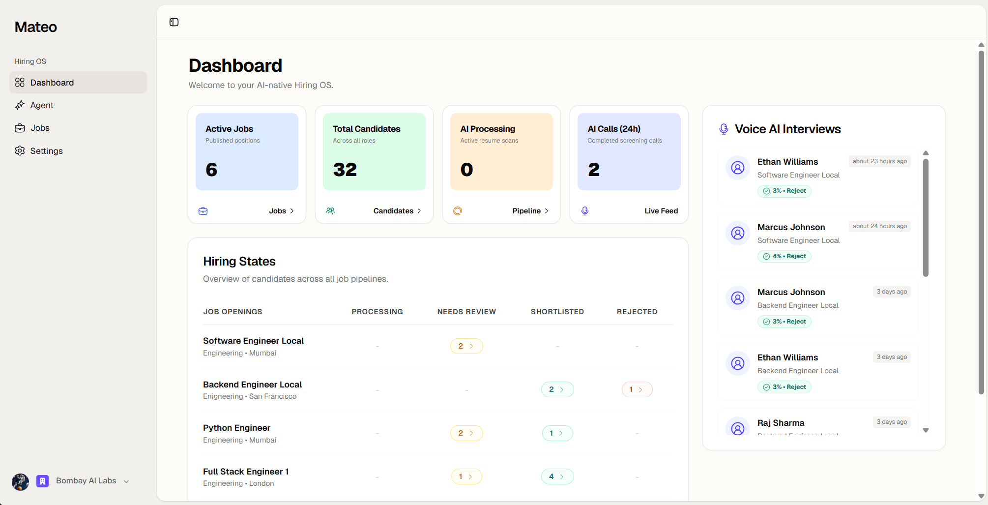Mateo AI Recruiter Dashboard